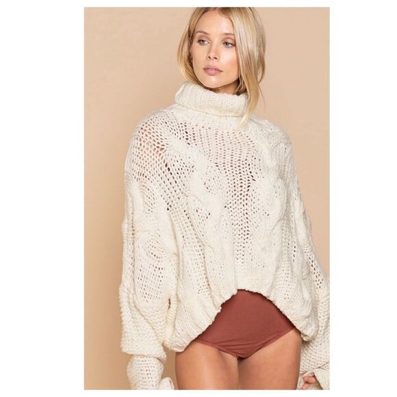 cream Turtle Neck Cable Knit Sweater - Picture 7 of 16